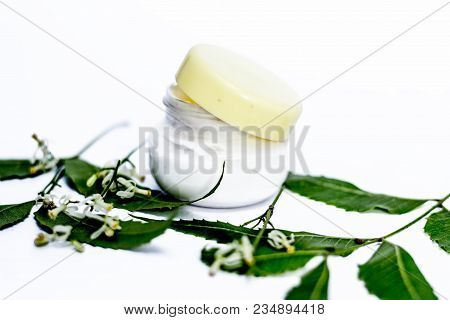 Close Up Of Cream Of Neem,nim, Indian Iilac Or Azadirachta Indica With The Leaves Of Neem Tree Isola