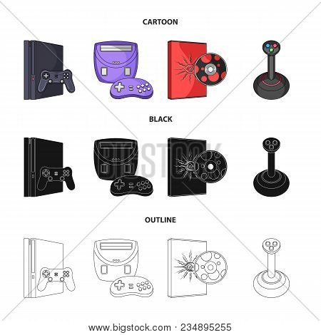 Game Console, Joystick And Disc Cartoon, Black, Outline Icons In Set Collection For Design.game Gadg