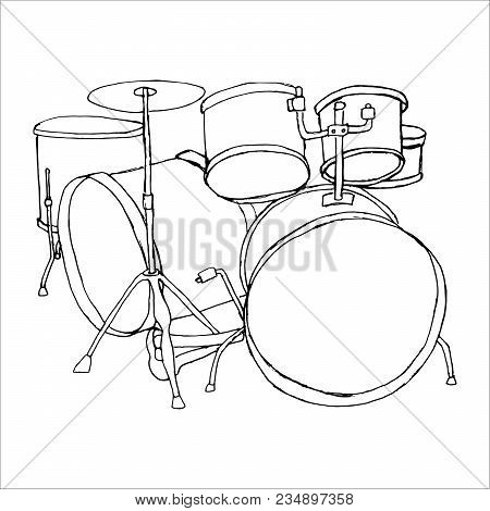 Bid Drumset Crash Base On White Backdrop. Freehand Line Black Ink Drawn Object