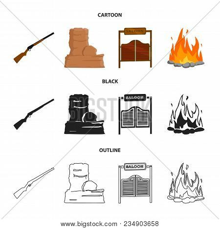 Winchester, Saloon, Rock, Fire.wild West Set Collection Icons In Cartoon, Black, Outline Style Vecto