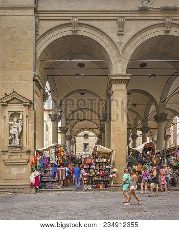 Florence, Italy, June 2015: Tourists And Florentines Walking And Shopping In The Historic Mercato De