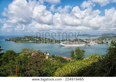 Castries, St.lucia - November 26, 2015: Town And Ships In In Harbor With Mountain Landscape. Cruise 