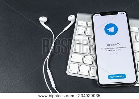 Sankt-petersburg, Russia, April 6, 2018: Telegram Application Icon On Apple Iphone X Screen Close-up