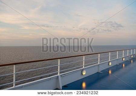 Shipboard On Idyllic Seascape On Evening Sky. Ship Board In Miami, Usa In Blue Sea. Water Travel, Vo