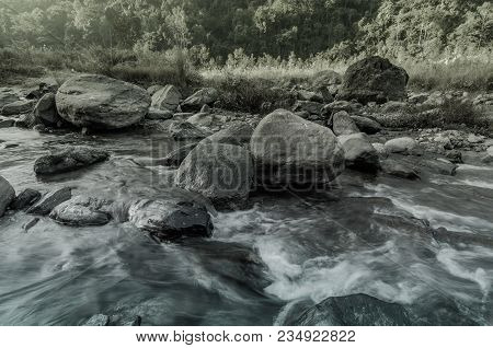 Beautiful Reshi River Water Flowing At Dawn, Sikkim, India. Reshi Is One Of The Most Famous Rivers O