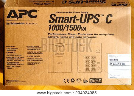 Paris, France - Mar 29, 2018: Cardboard Unboxing Of Apc Smart-ups C 1000va Lcd 230v Enterprise-level
