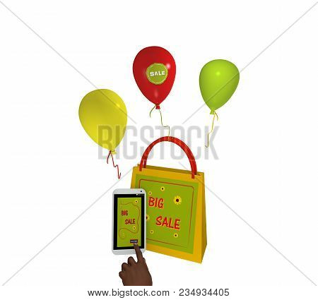 Summery Shopping Bag With Balloons, A Mobile Phone With Big Sale Advertising And A Finger Pushing A 