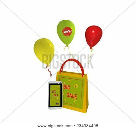 Summery Shopping Bag With Balloons And A Mobile Phone With Sale 20% Advertising. 3d Rendering