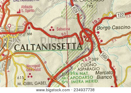 Caltanissetta. Map. The Islands Of Sicily, Italy.