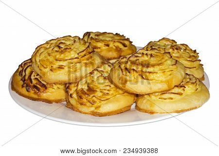 Shangy (plural Form Of Shanga) - Traditional Ural Open Baked Pies With Mashed Potatoes - On A Plate,