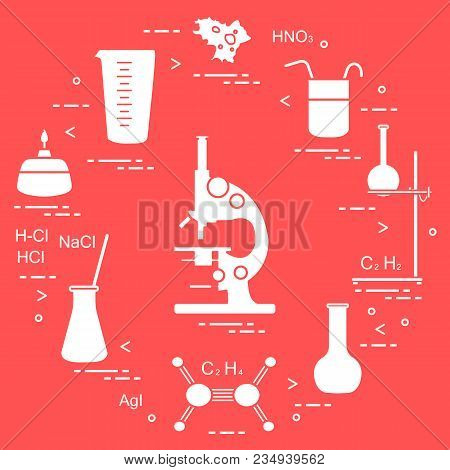 Chemistry Scientific, Education Elements: Microscope, Flasks, Tripod, Formulas, Beaker, Burner, Amoe