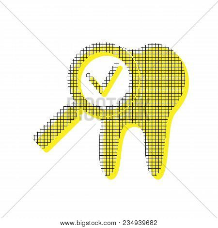 Tooth Icon With Arrow Sign. Vector. Yellow Icon With Square Pattern Duplicate At White Background. I