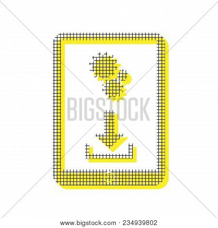 Phone Icon With Settings Symbol. Vector. Yellow Icon With Square Pattern Duplicate At White Backgrou