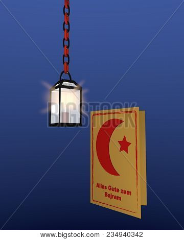 Greeting Card To Eid Mubarak With Text In German, (all The Best) And Albanian (bajram) And A Shining