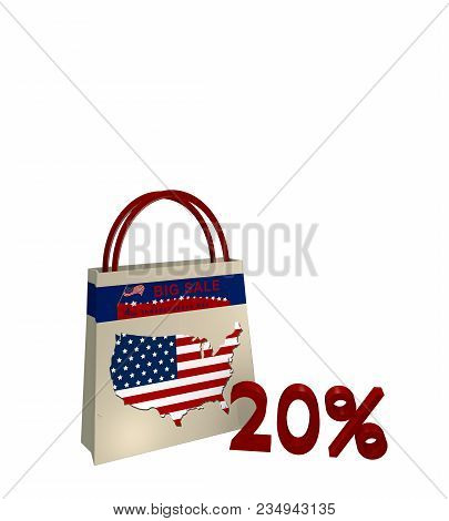 Shopping Bag With Sale Advertising For Independence Day A Map Detail Of Usa And Text 20%, 3d Renderi