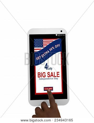 Mobile Phone With Sale Advertising And A Hand Clicking On A Button. Isolated On White, 3d Rendering