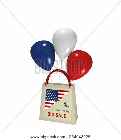 Shopping Bag With Balloons And Sale Advertising For Independence Day, 3d Rendering
