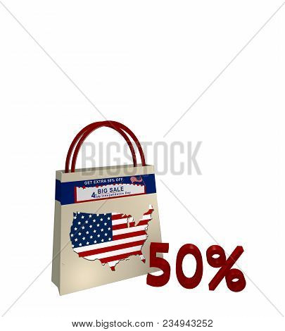 Shopping Bag With Sale Advertising For Independence Day A Map Detail Of Usa And Text 50%, 3d Renderi