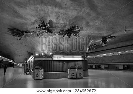 Finland, Helsinki - March 25, 2018: Fragment Of The Interior Of The Station Kamppi Metro In Helsinki