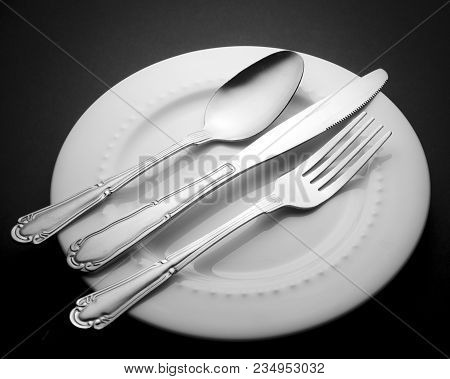 Cutlery Set Fork Knife And Spoon Isolated On White Plate Utensils Used In Kitchens