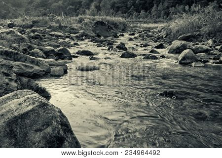 Beautiful Reshi River Water Flowing At Dawn, Sikkim, India. Reshi Is One Of The Most Famous Rivers O