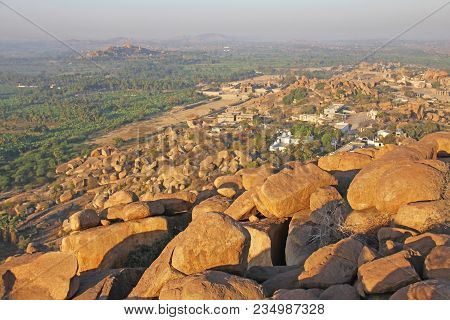 Sunrise In Hampi On Matanga Hill. View From Above, From The Sky, Aerophoto.  Indian Temple Hampi In 