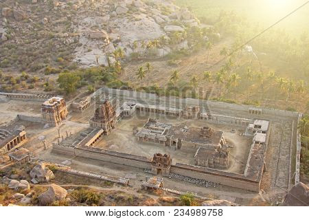 Sunrise In Hampi On Matanga Hill. View From Above, From The Sky, Aerophoto.  Indian Temple Hampi In 