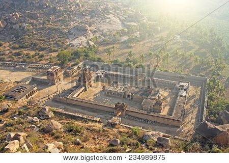 Sunrise In Hampi On Matanga Hill. View From Above, From The Sky, Aerophoto.  Indian Temple Hampi In 
