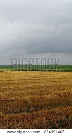 Field After Harvest Against A Dark Sky Background. Background.