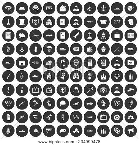 100 Military Icons Set In Simple Style White On Black Circle Color Isolated On White Background Vect