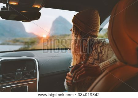 Woman On Road Trip Traveling By Rental Car Relaxing With Coffee Cup Adventure Lifestyle Vacations Vi