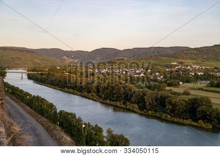 Panoramic View Of The Moselle Valley With The Wine Village Mülheim In The Background On A Sunny Autu