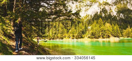 Gruner See, Austria 16.05.2017: Peaceful Mountain View With Famous Green Lake In Styria. Turquoise G