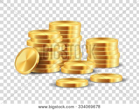Golden Coin Stack. Realistic Gold Dollar Coins Game Template For Win Lots In Casino. Vector 3d Cash 
