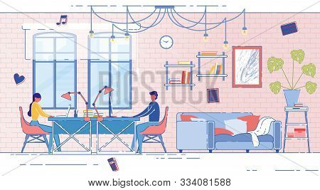 Banner Married Couple Working At Home, Cartoon. Husband And Wife In Everyday Ojed Sit At Working Sto