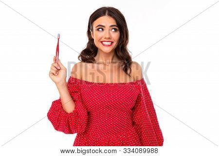 Beautiful Young Woman With Perfect Smile And Tooth Brush Advises Regulary Brush Teeth, Picture Isola