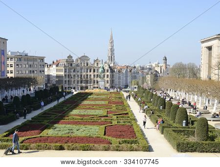 Brussels, Belgium - March 29, 2019: The Spire Of The Brussels City Hall Seen From The Mount Of The A