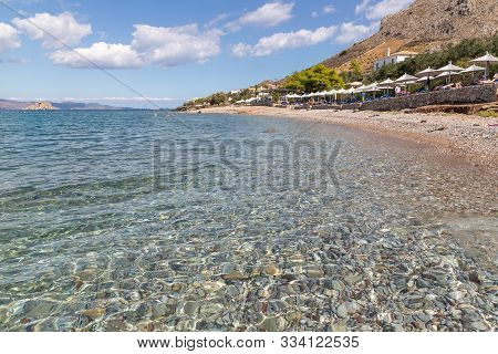 Mountain And Vlychos Plakes Beach In Hydra Island