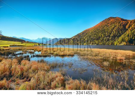 Splendid Autumn Panorama Of Haidersee (lago Della Muta) Lake With Ortler Peak On Background.
Locatio