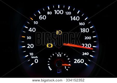 Modern Light Car Mileage (dashboard, Milage) Isolated On A Black Background. New Display Of A Modern