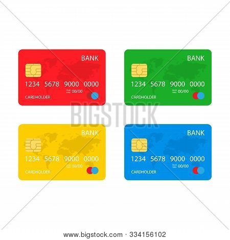 Set Of Credit Plastic Bank Cards Of Red Green Yellow And Blue. Stock Vector Illustration Eps10