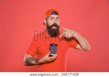 Specialty Coffee Roasted. Cafe Barista Hold Coffee Cup. Coffee To Go. Cafe Stuff Red Uniform With Ca