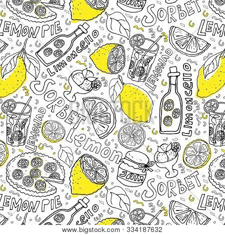 Hand Draw Seamless Pattern. Lemons And Lemon Dishes