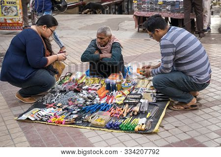 New Delhi, India - November 17, 2019: Vendor Offers Pliers, Wrenches, Scissors, Screwdrivers And Oth