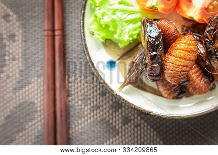 Fried Worm, Insect Food With Vegetable Salad In The White Bowl. Healthy Meal High Protein Diet Conce