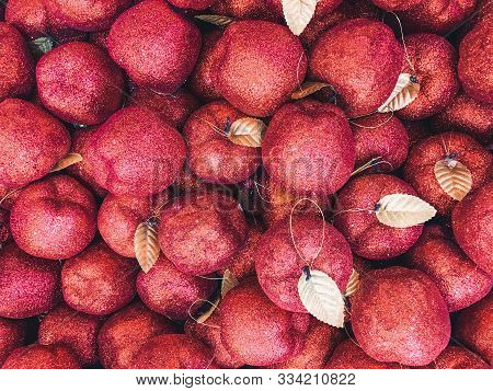 Christmas Background With Christmas Toys Red Glittering Apples. Christmas, New Year Card Concept