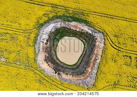 Aerial Canola Field Views And A Dam With Very Low Water Levels After Very Little Rain, Dry Condition