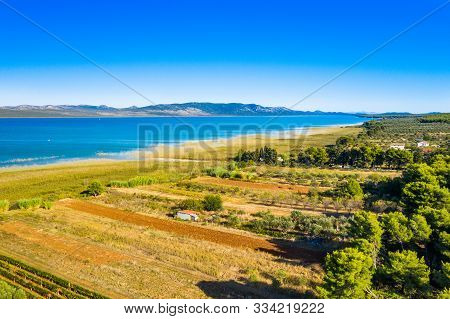 Beautiful Nature Park Vrana Lake (vransko Jezero), Dalmatia, Croatia, Aerial Shot Of Lake Shore