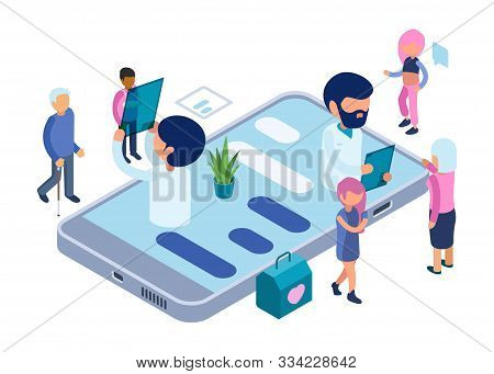 Online Diagnosis. Healthcare Vector Concept. Isometric Doctors And Patients. Online Medical Diagnost