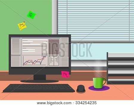 An Office Routine Illustration: The Desktop, Documents, The Cup Of Hot Tea, Note Stickers. Business,